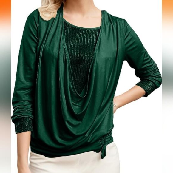 Elegant Green Women's Drape Top - Picture 1 of 12
